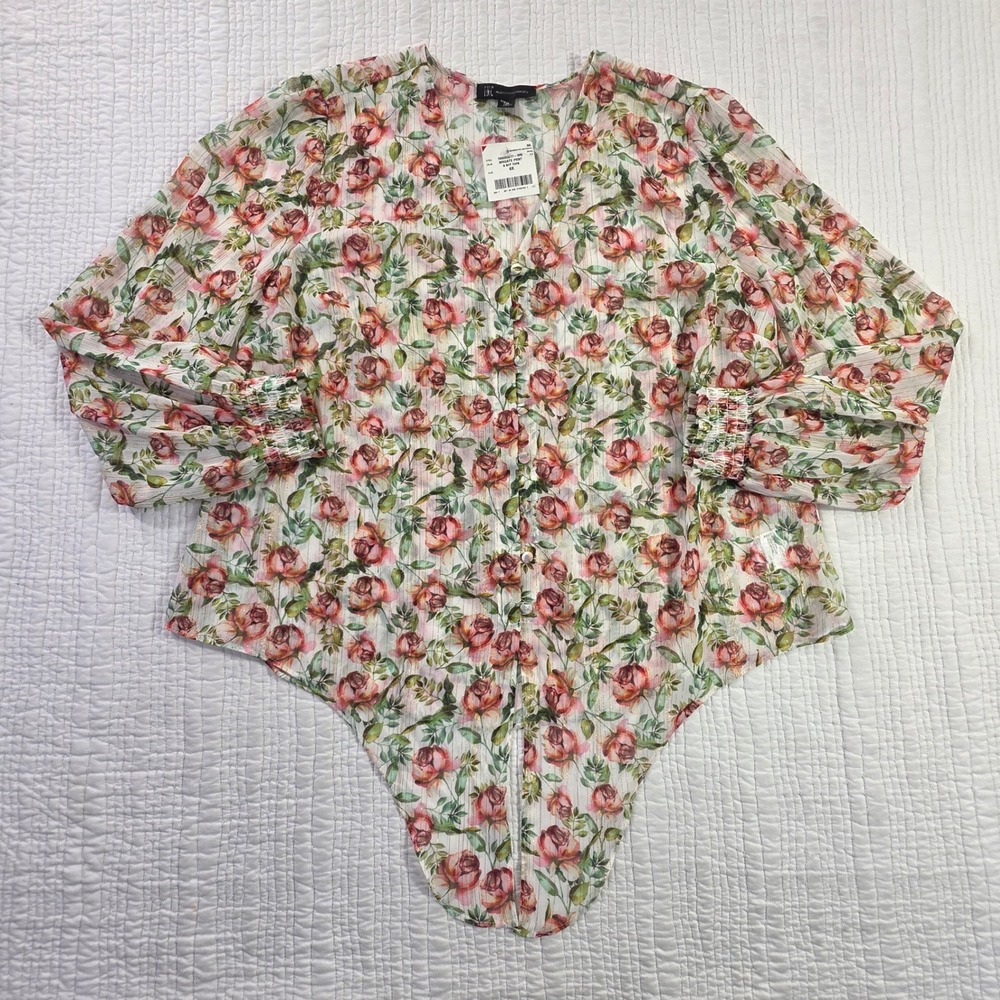 INC International Concepts Floral Metallic Blouse Rose Print V-Neck Top NWT 0X